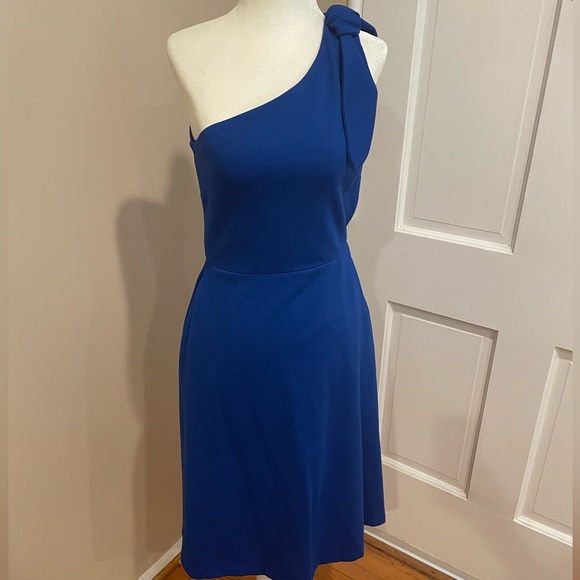 BR Blue Dress One Shoulder Bow A-line Banana Republic Cocktail Wedding Guest - Picture 5 of 9